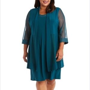 R&M Richards NWT Plus Size Green 2-Piece Mesh Sparkle Sequin Set Womens Size 3X